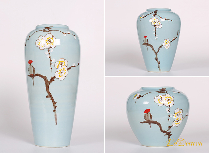 bình gốm thủ công hoa mai trắng tại ladora.com.vn