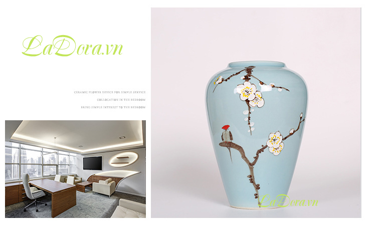 Bình gốm thủ công hoa mai trắng trang trí tại ladora