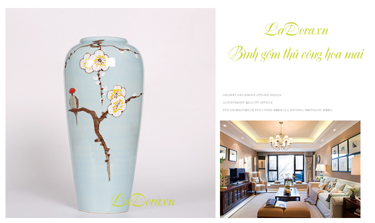 bình gốm thủ công hoa mai trắng tại ladora.com.vn