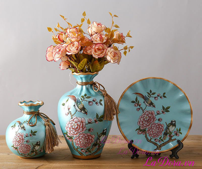 bình gốm sứ chim và hoa đẹp tại LaDora.vn